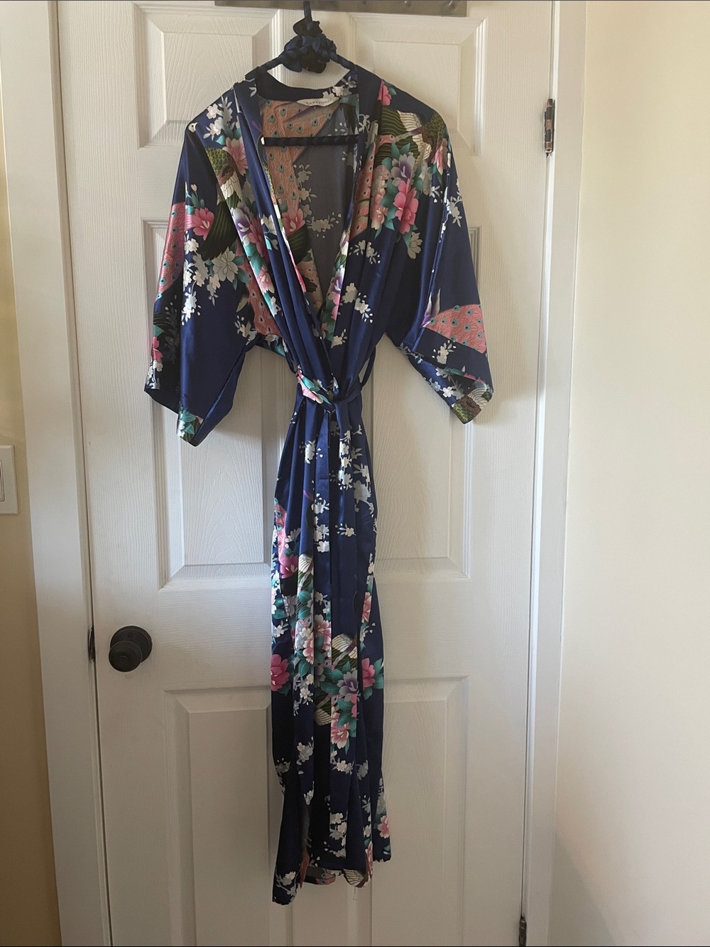 Floral Navy Satin Kimono Robe with Belt
